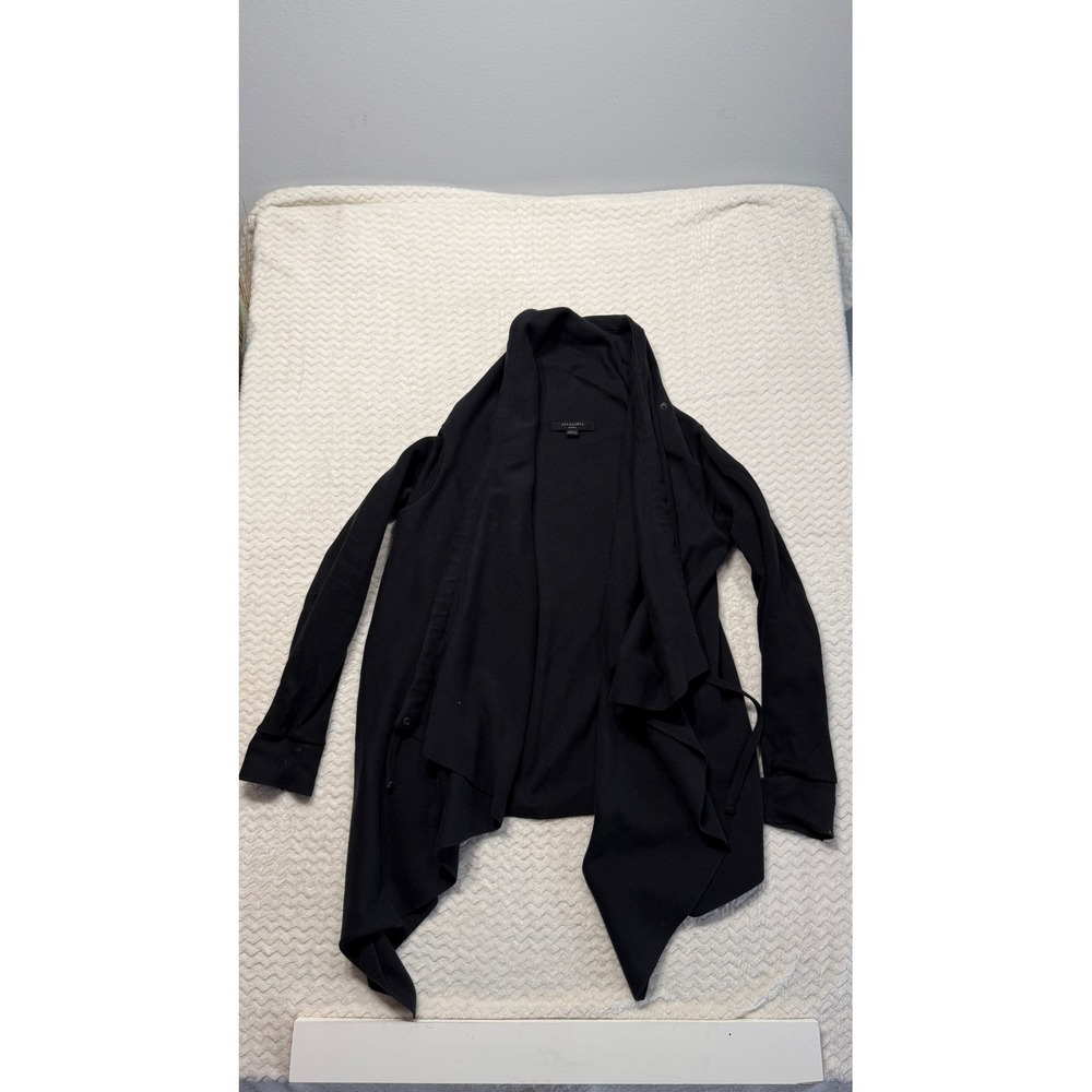 AllSaints Drape Sweat Cardigan Black Cotton Waterfall Open Front Small